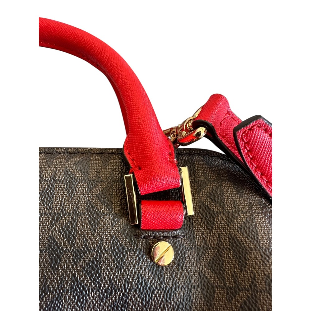 Michael‎ Kors Signature Monogram Dome Satchel Crossbody Bag Red Leather Trim - Picture 3 of 8